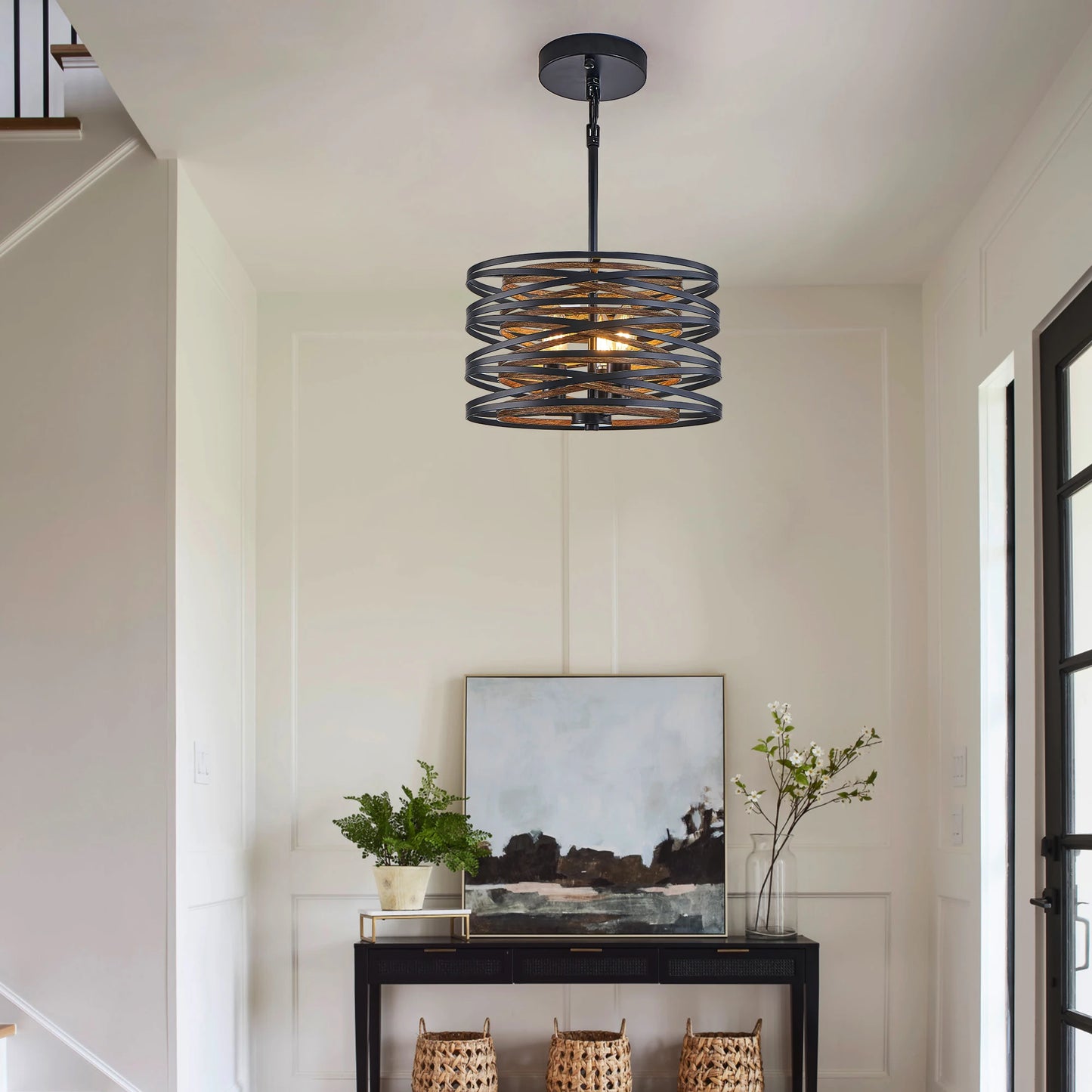 Black and Walnut Metal Cage Chandelier