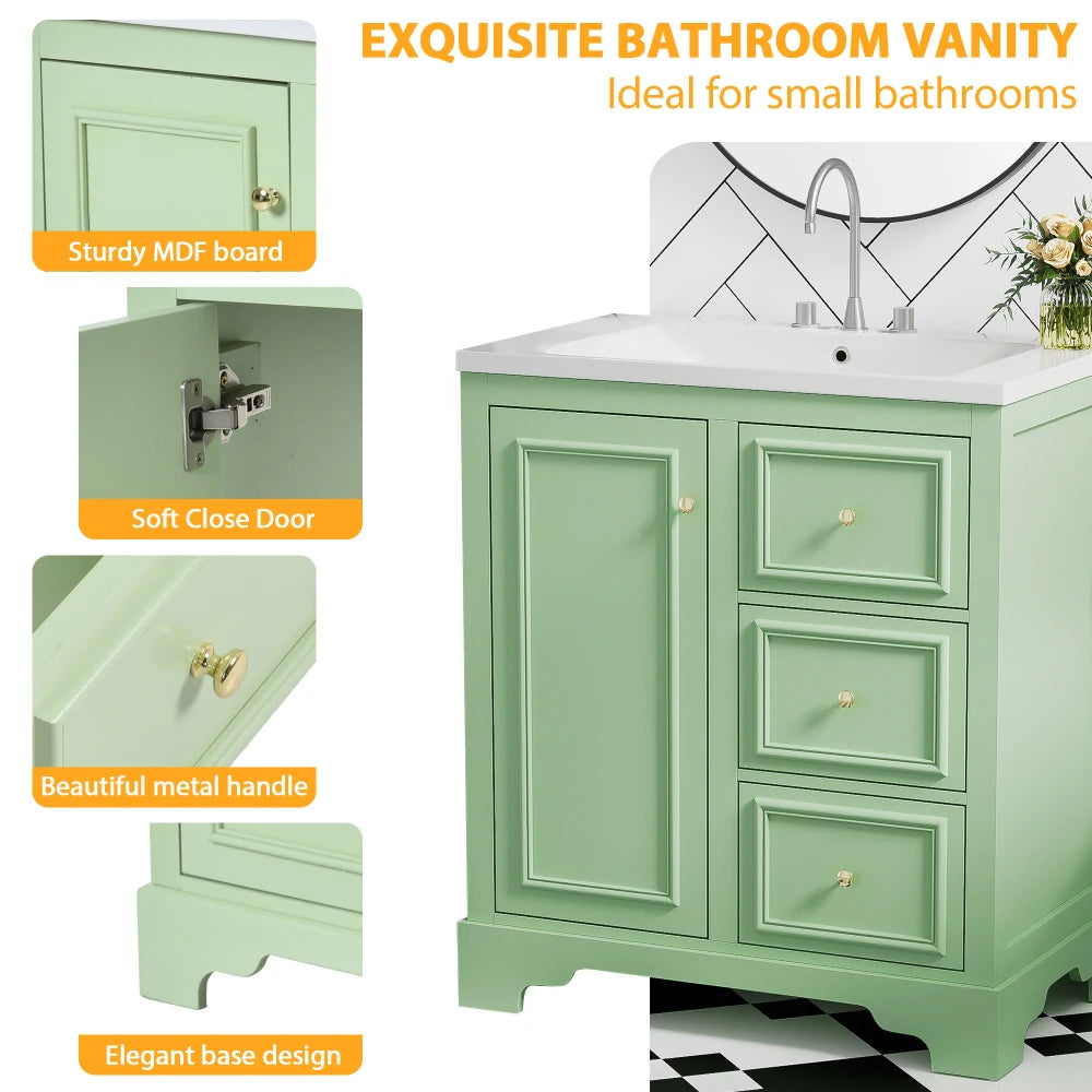Modern Elegant Bathroom 30 Inch Vanity With Sink, Storage Cabinets, Drawers, and Adjustable Shelves