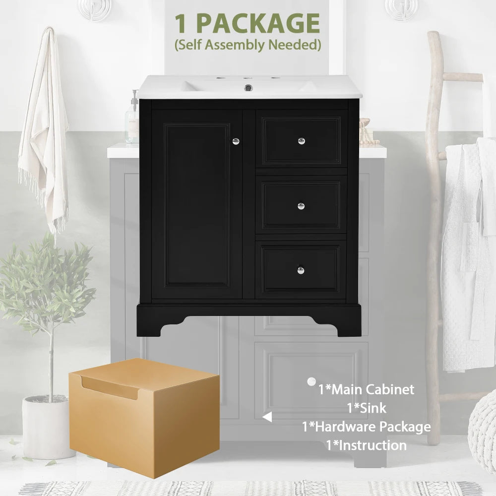 Modern Elegant Bathroom 30 Inch Vanity With Sink, Storage Cabinets, Drawers, and Adjustable Shelves