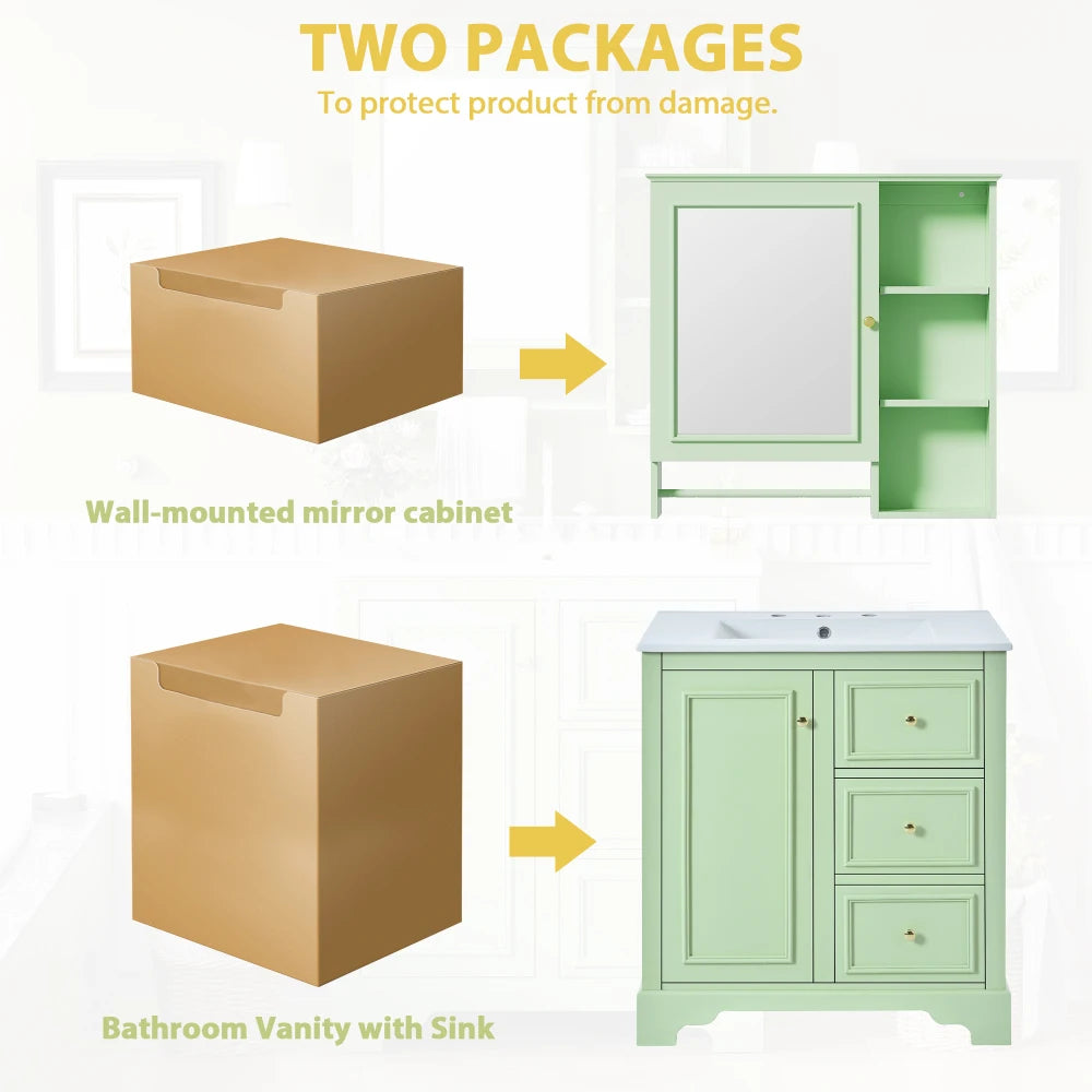 Modern Elegant Bathroom 30 Inch Vanity With Sink, Storage Cabinets, Drawers, and Adjustable Shelves