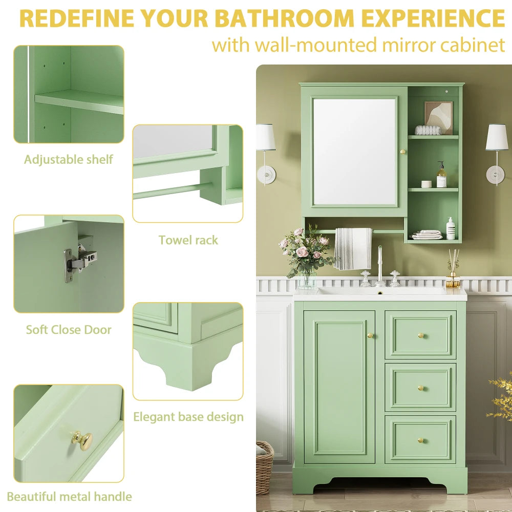 Modern Elegant Bathroom 30 Inch Vanity With Sink, Storage Cabinets, Drawers, and Adjustable Shelves