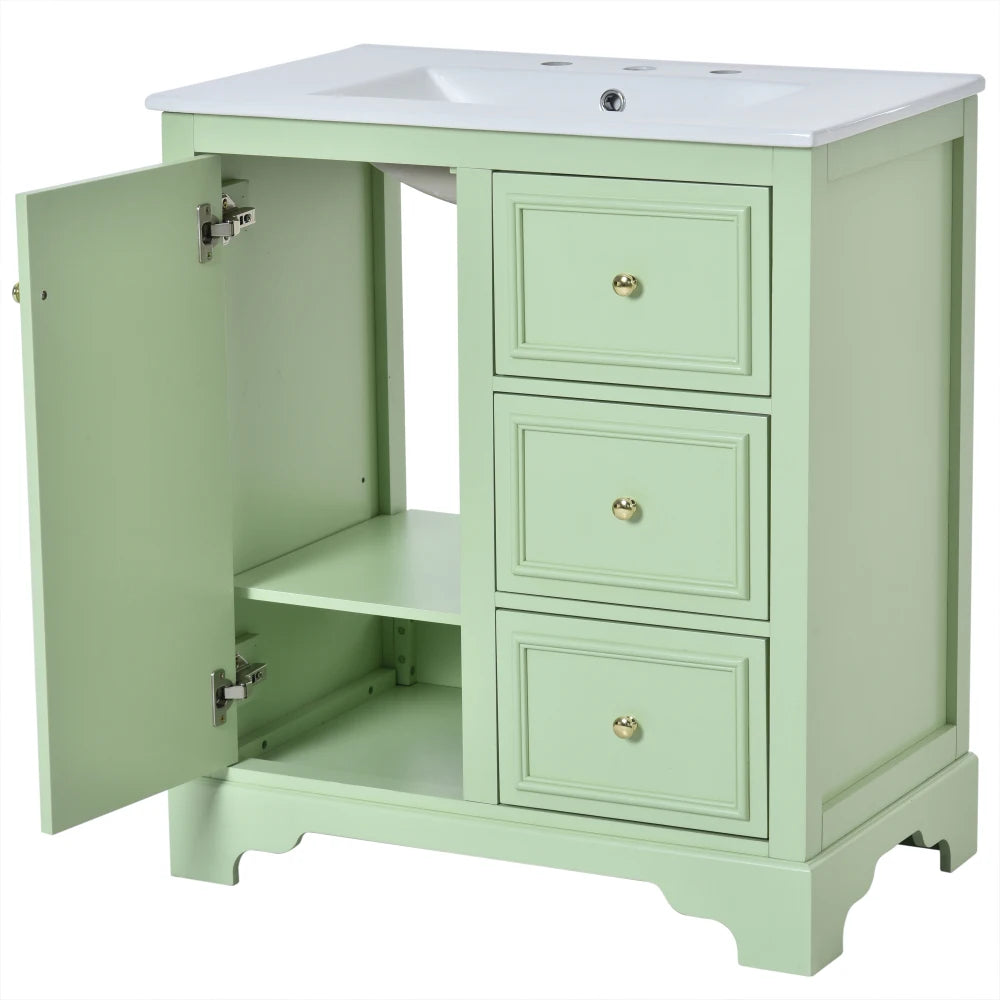 Modern Elegant Bathroom 30 Inch Vanity With Sink, Storage Cabinets, Drawers, and Adjustable Shelves