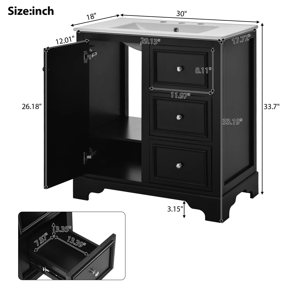 Modern Elegant Bathroom 30 Inch Vanity With Sink, Storage Cabinets, Drawers, and Adjustable Shelves