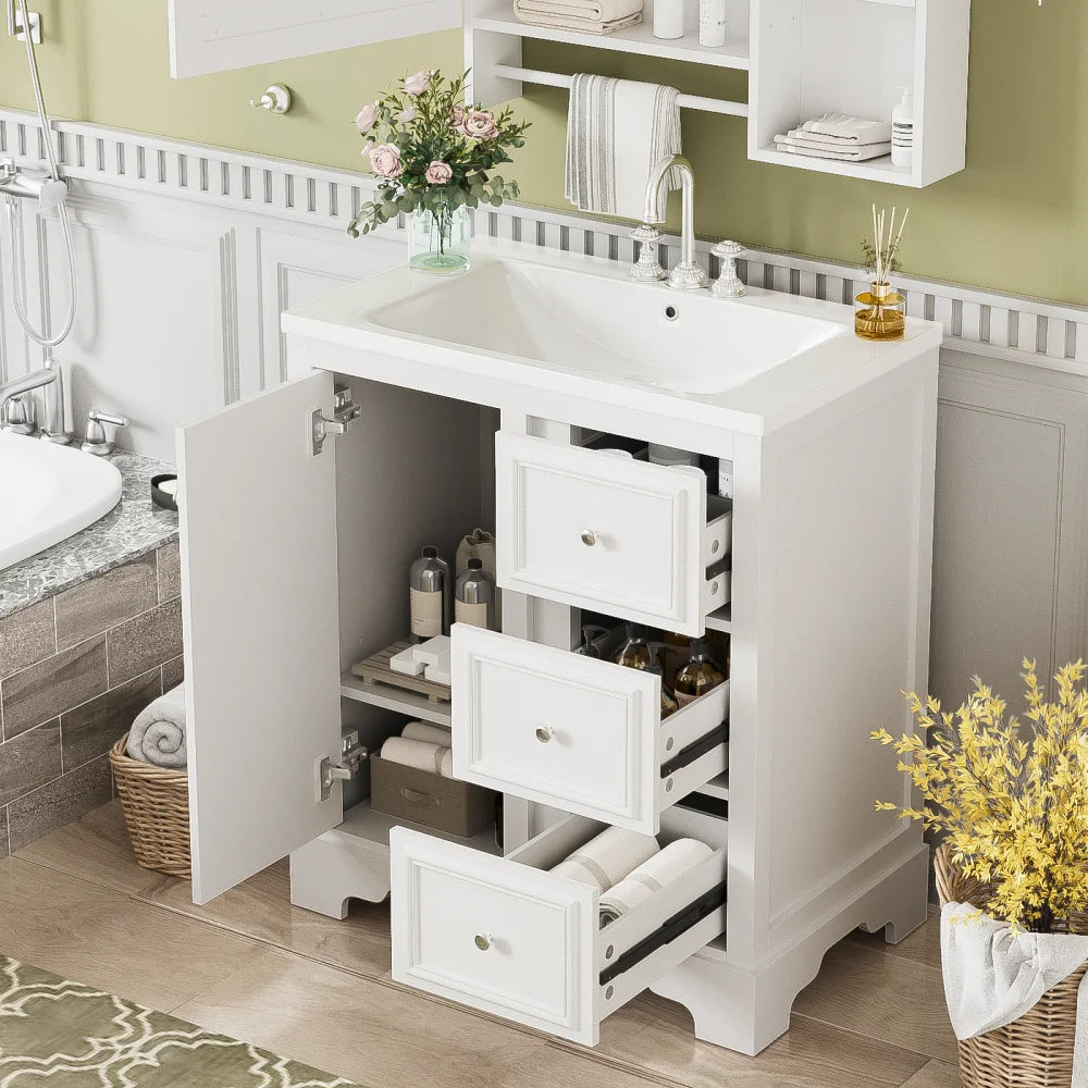 Modern Elegant Bathroom 30 Inch Vanity With Sink, Storage Cabinets, Drawers, and Adjustable Shelves