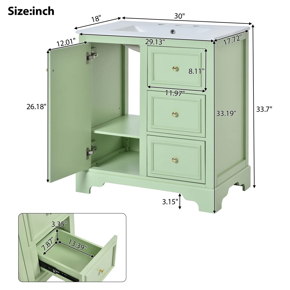 Modern Elegant Bathroom 30 Inch Vanity With Sink, Storage Cabinets, Drawers, and Adjustable Shelves