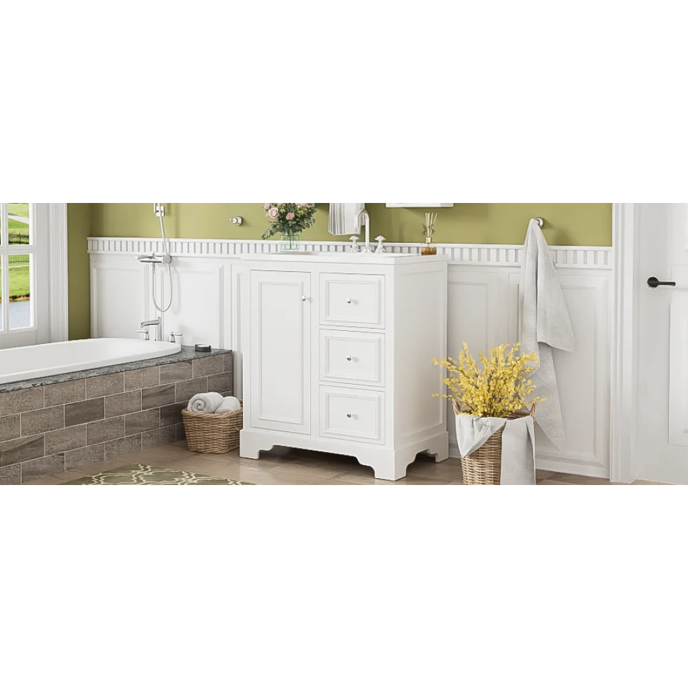 Modern Elegant Bathroom 30 Inch Vanity With Sink, Storage Cabinets, Drawers, and Adjustable Shelves