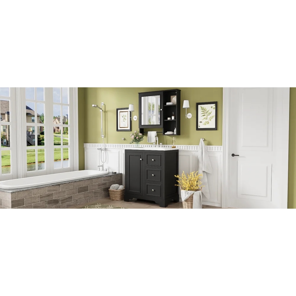 Modern Elegant Bathroom 30 Inch Vanity With Sink, Storage Cabinets, Drawers, and Adjustable Shelves