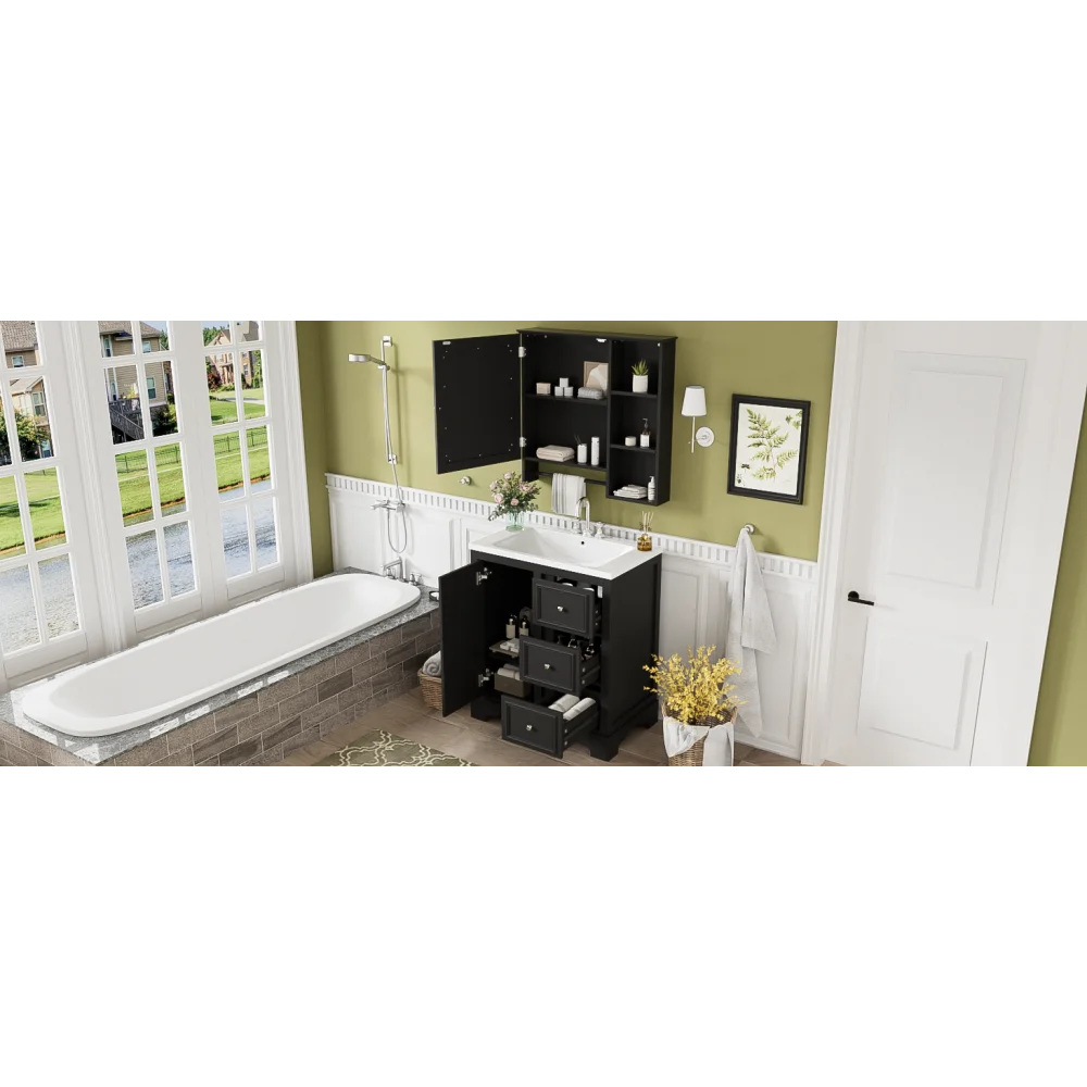 Modern Elegant Bathroom 30 Inch Vanity With Sink, Storage Cabinets, Drawers, and Adjustable Shelves