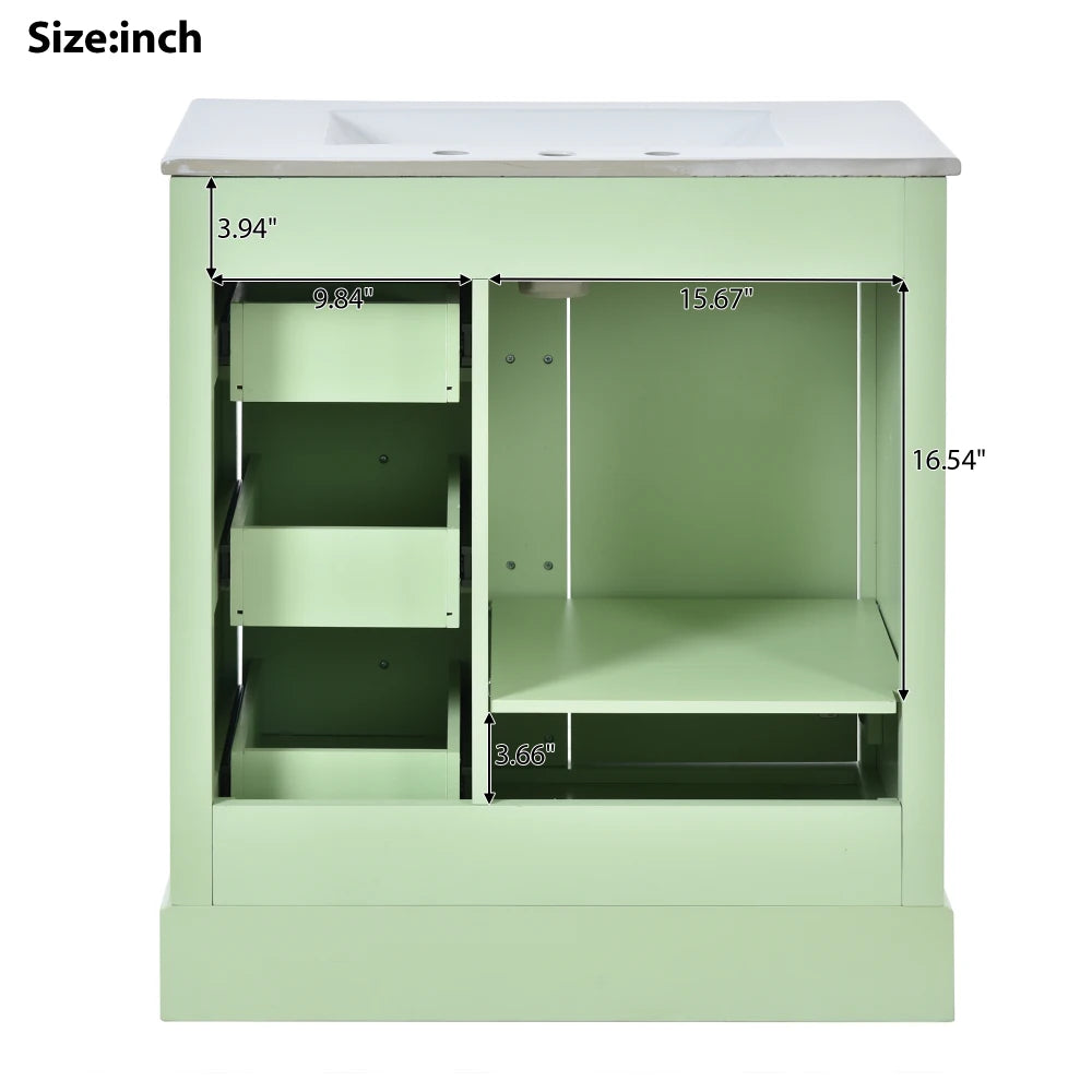 Modern Elegant Bathroom 30 Inch Vanity With Sink, Storage Cabinets, Drawers, and Adjustable Shelves