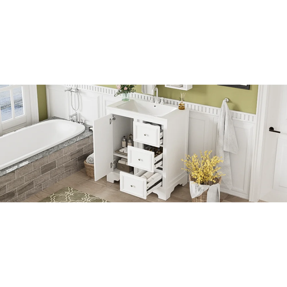 Modern Elegant Bathroom 30 Inch Vanity With Sink, Storage Cabinets, Drawers, and Adjustable Shelves