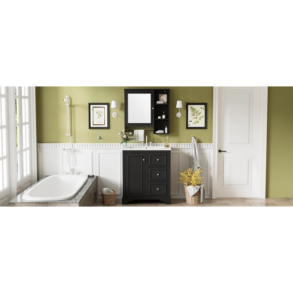 Modern Elegant Bathroom 30 Inch Vanity With Sink, Storage Cabinets, Drawers, and Adjustable Shelves