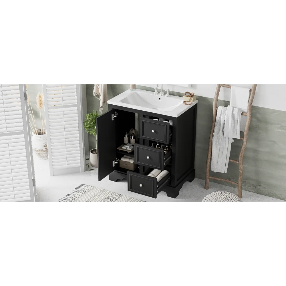Modern Elegant Bathroom 30 Inch Vanity With Sink, Storage Cabinets, Drawers, and Adjustable Shelves