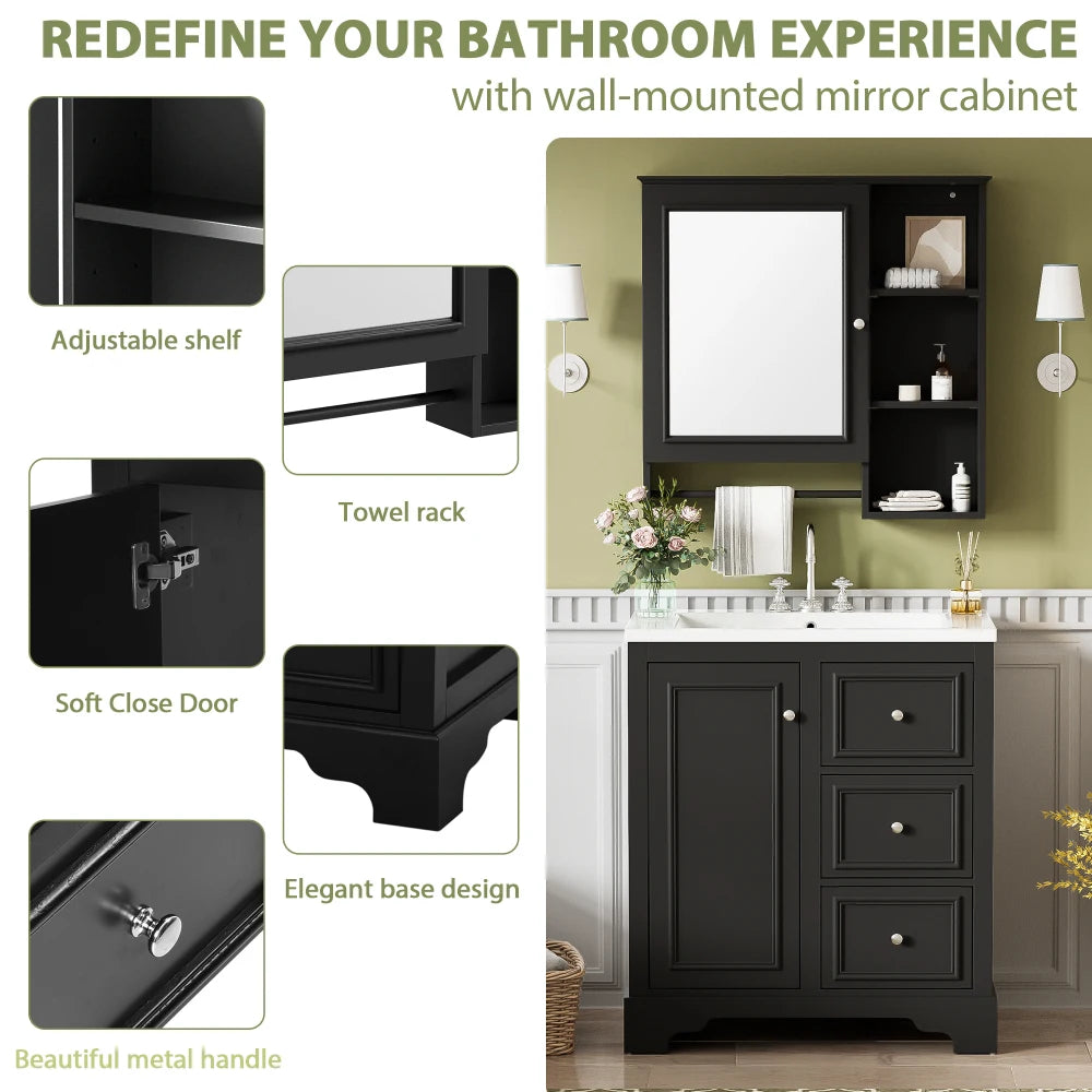 Modern Elegant Bathroom 30 Inch Vanity With Sink, Storage Cabinets, Drawers, and Adjustable Shelves