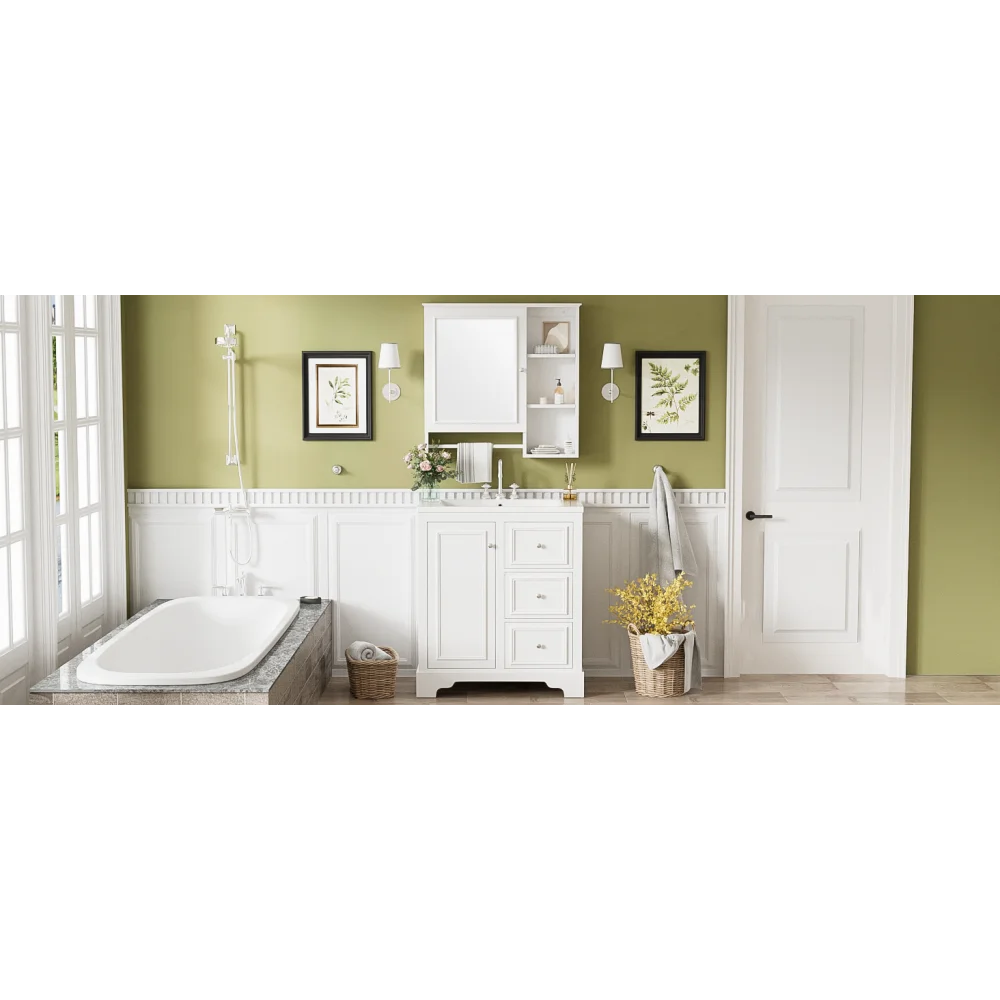 Modern Elegant Bathroom 30 Inch Vanity With Sink, Storage Cabinets, Drawers, and Adjustable Shelves