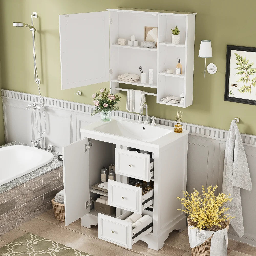 Modern Elegant Bathroom 30 Inch Vanity With Sink, Storage Cabinets, Drawers, and Adjustable Shelves
