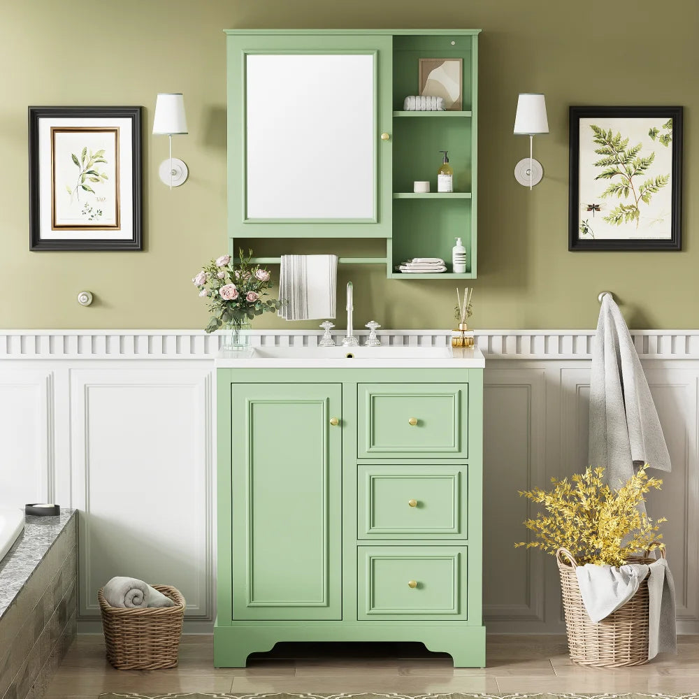 Modern Elegant Bathroom 30 Inch Vanity With Sink, Storage Cabinets, Drawers, and Adjustable Shelves