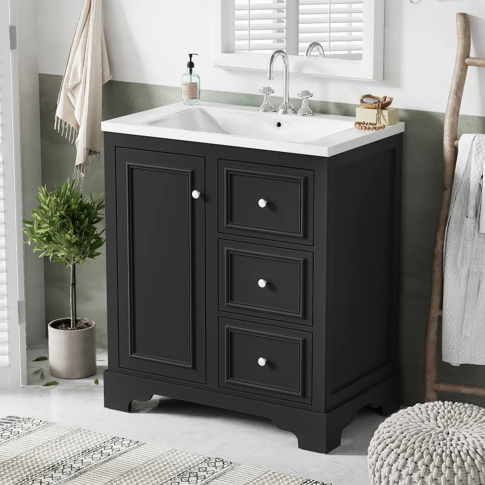 Modern Elegant Bathroom 30 Inch Vanity With Sink, Storage Cabinets, Drawers, and Adjustable Shelves