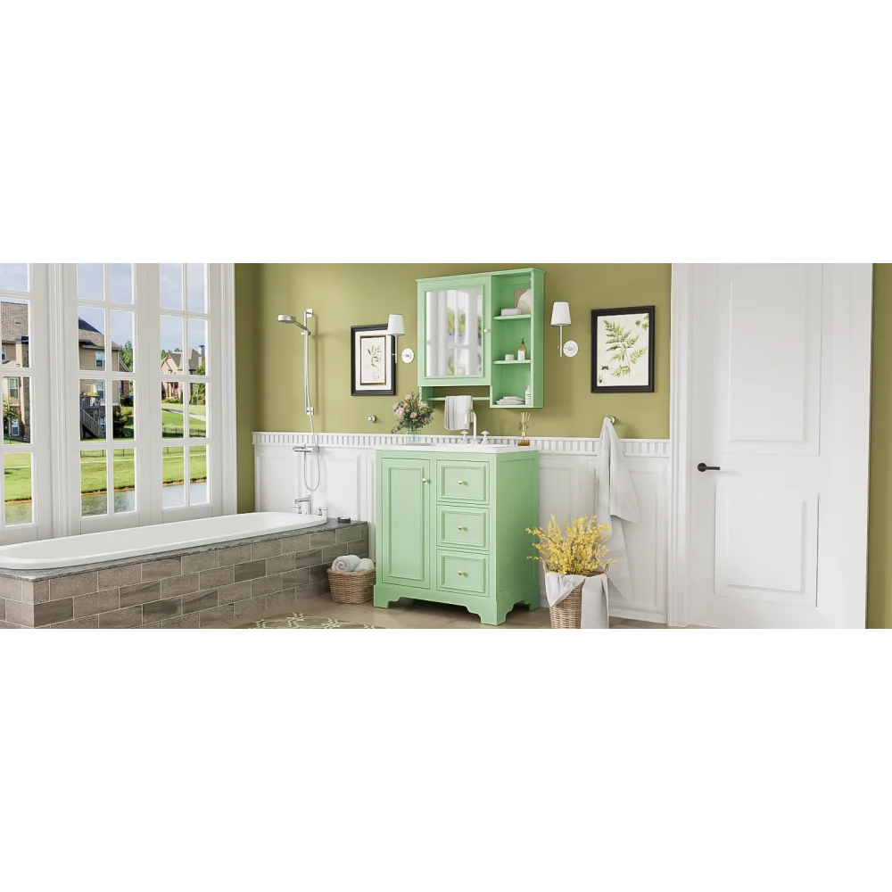 Modern Elegant Bathroom 30 Inch Vanity With Sink, Storage Cabinets, Drawers, and Adjustable Shelves