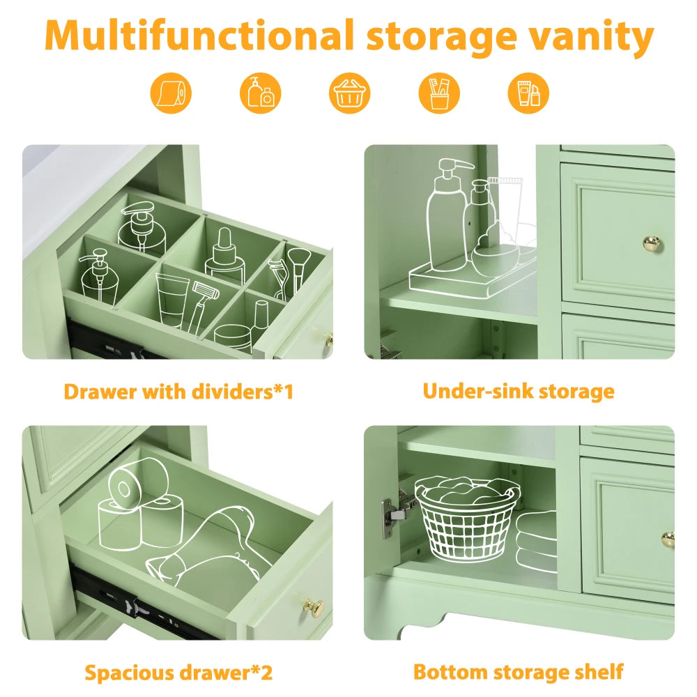 Modern Elegant Bathroom 30 Inch Vanity With Sink, Storage Cabinets, Drawers, and Adjustable Shelves