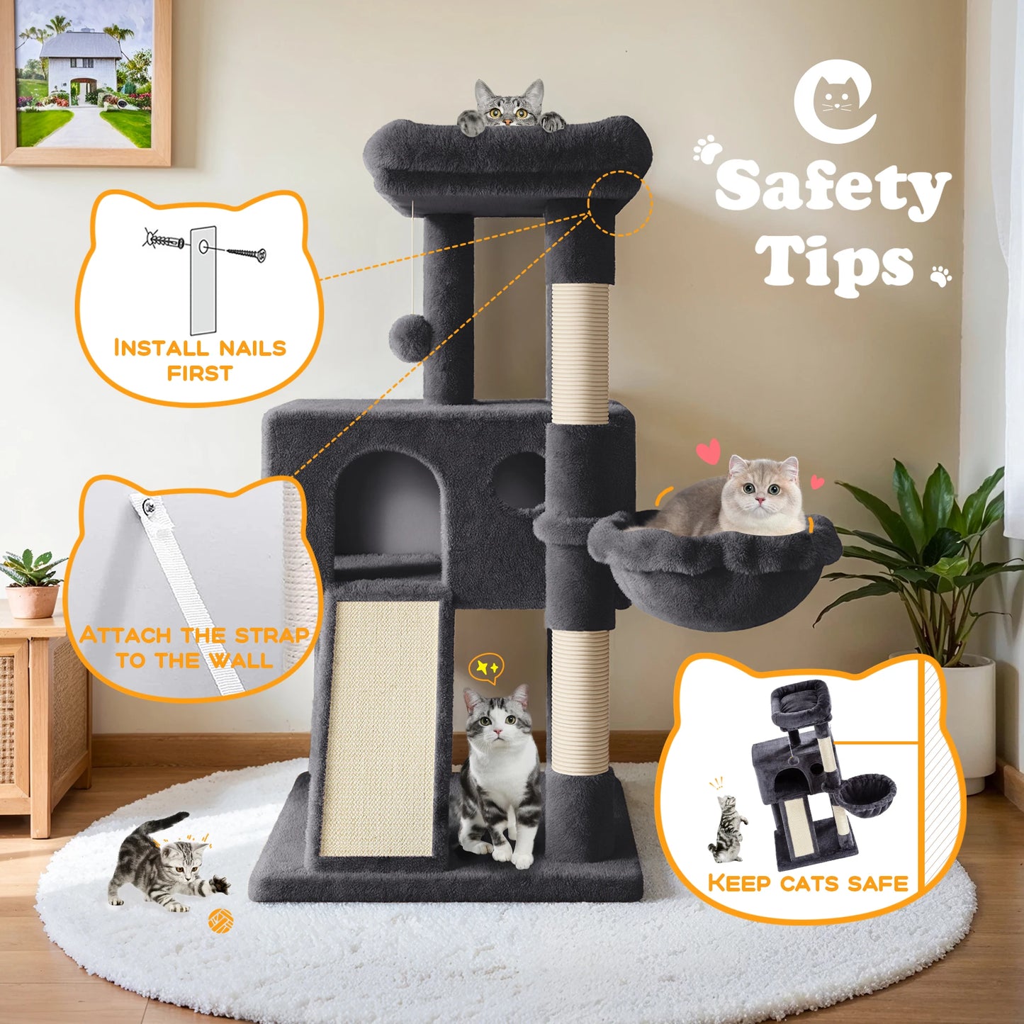 Multi-Level Cat Condo with Sisal Scratching Posts and Board