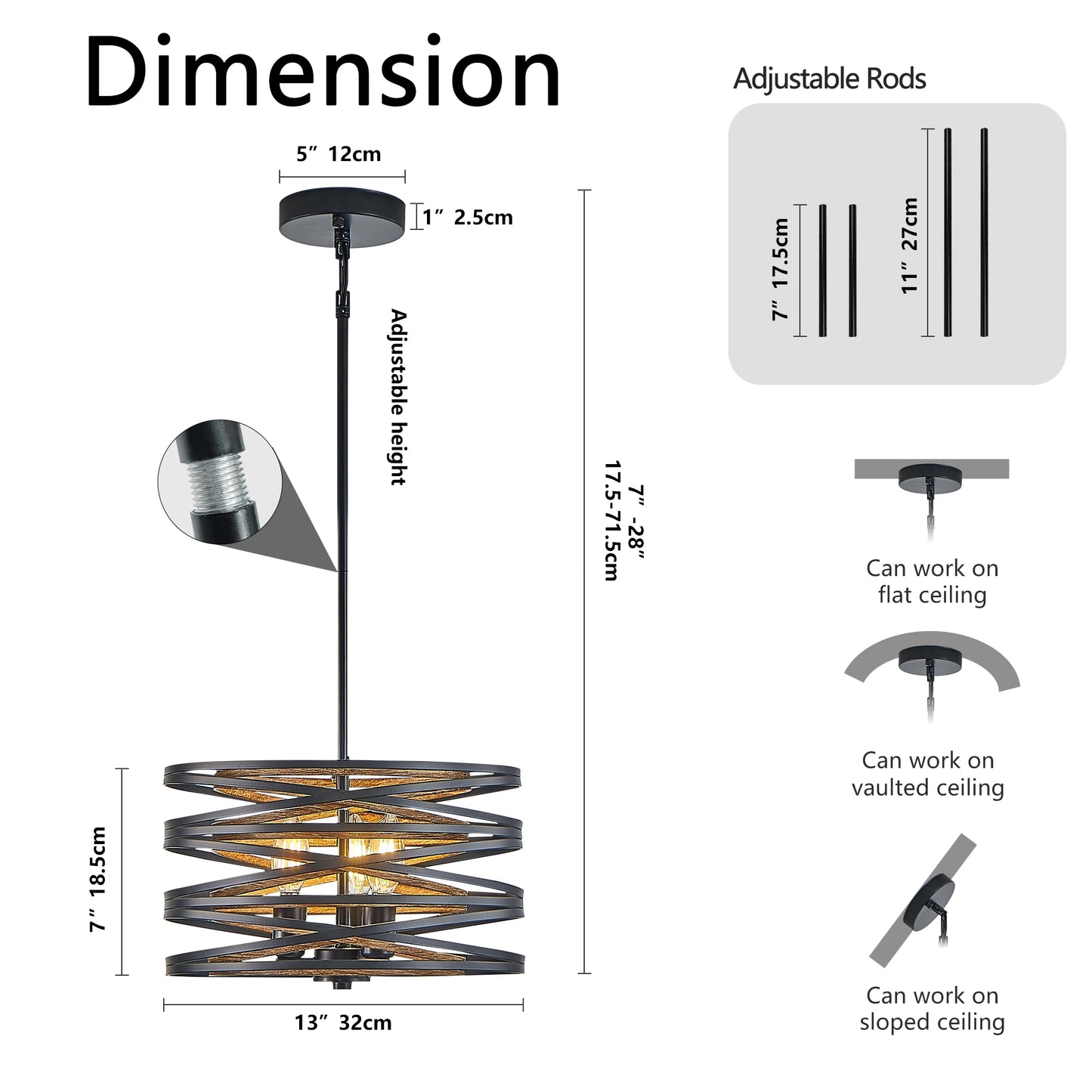 Black and Walnut Metal Cage Chandelier