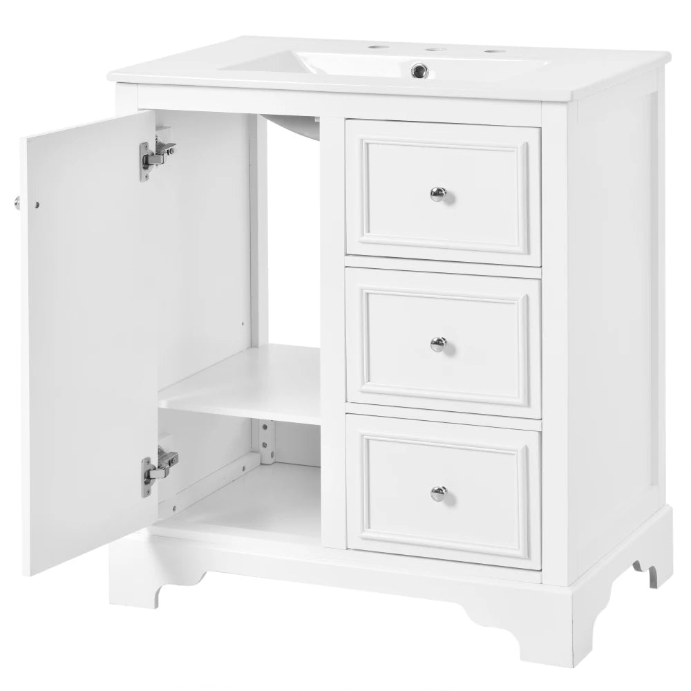 Modern Elegant Bathroom 30 Inch Vanity With Sink, Storage Cabinets, Drawers, and Adjustable Shelves
