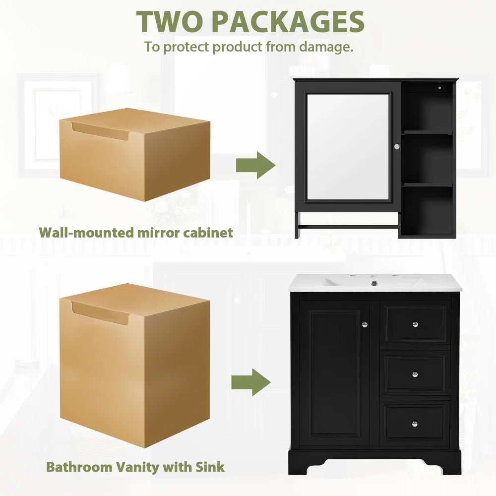 Modern Elegant Bathroom 30 Inch Vanity With Sink, Storage Cabinets, Drawers, and Adjustable Shelves