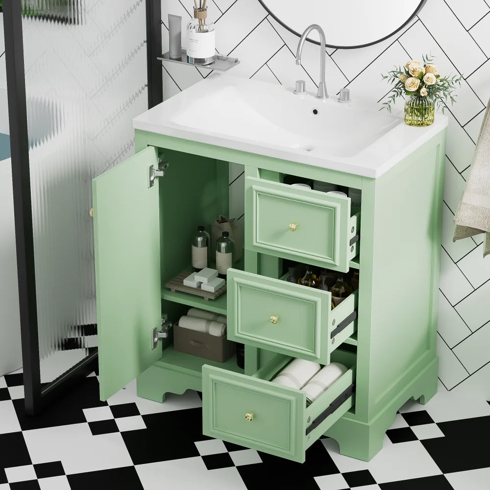 Modern Elegant Bathroom 30 Inch Vanity With Sink, Storage Cabinets, Drawers, and Adjustable Shelves