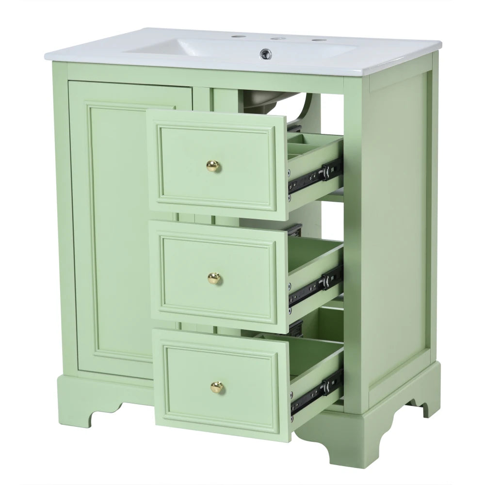 Modern Elegant Bathroom 30 Inch Vanity With Sink, Storage Cabinets, Drawers, and Adjustable Shelves