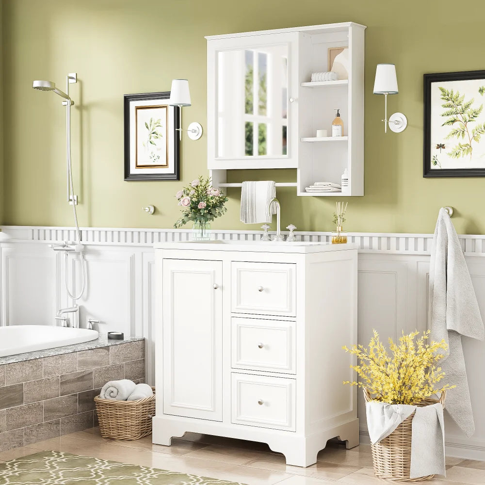 Modern Elegant Bathroom 30 Inch Vanity With Sink, Storage Cabinets, Drawers, and Adjustable Shelves