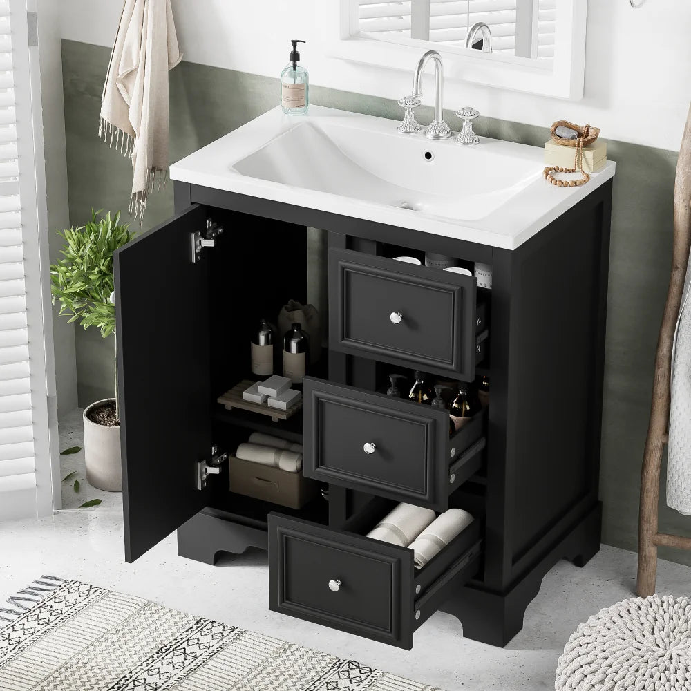 Modern Elegant Bathroom 30 Inch Vanity With Sink, Storage Cabinets, Drawers, and Adjustable Shelves