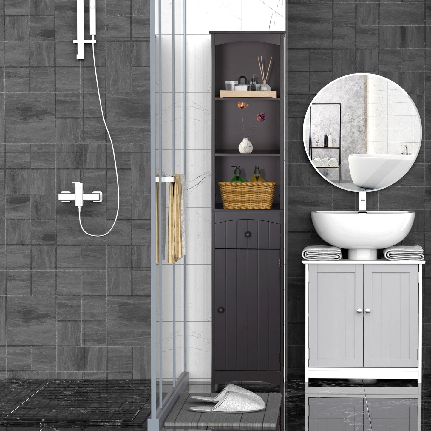 Tall Free Standing Bathroom Linen Tower W/ Shelf