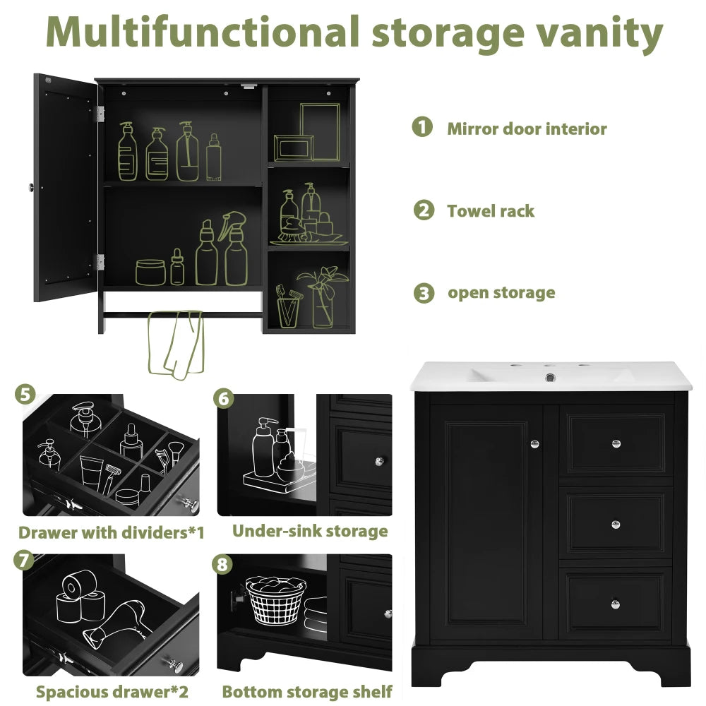 Modern Elegant Bathroom 30 Inch Vanity With Sink, Storage Cabinets, Drawers, and Adjustable Shelves
