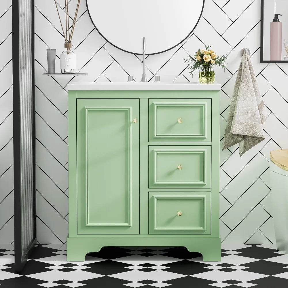 Modern Elegant Bathroom 30 Inch Vanity With Sink, Storage Cabinets, Drawers, and Adjustable Shelves
