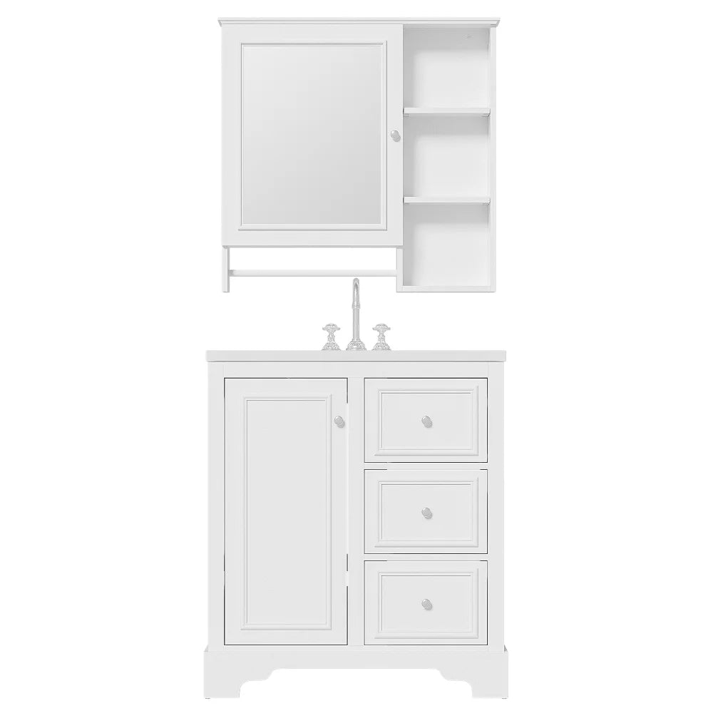 Modern Elegant Bathroom 30 Inch Vanity With Sink, Storage Cabinets, Drawers, and Adjustable Shelves