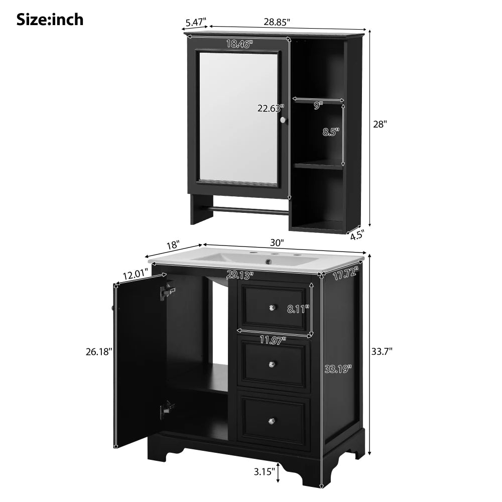 Modern Elegant Bathroom 30 Inch Vanity With Sink, Storage Cabinets, Drawers, and Adjustable Shelves