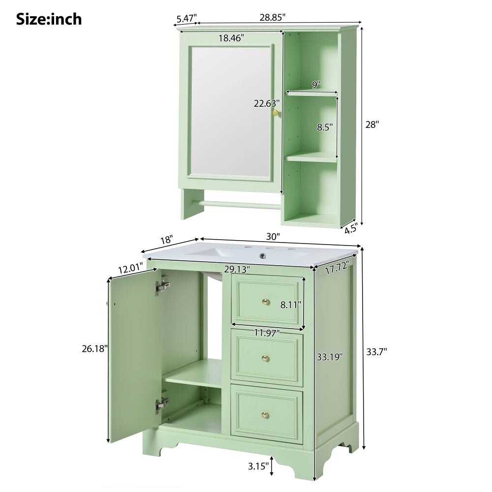 Modern Elegant Bathroom 30 Inch Vanity With Sink, Storage Cabinets, Drawers, and Adjustable Shelves