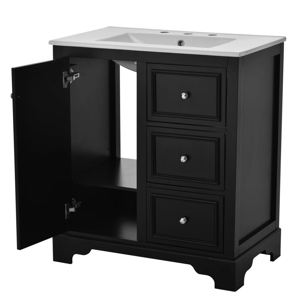 Modern Elegant Bathroom 30 Inch Vanity With Sink, Storage Cabinets, Drawers, and Adjustable Shelves