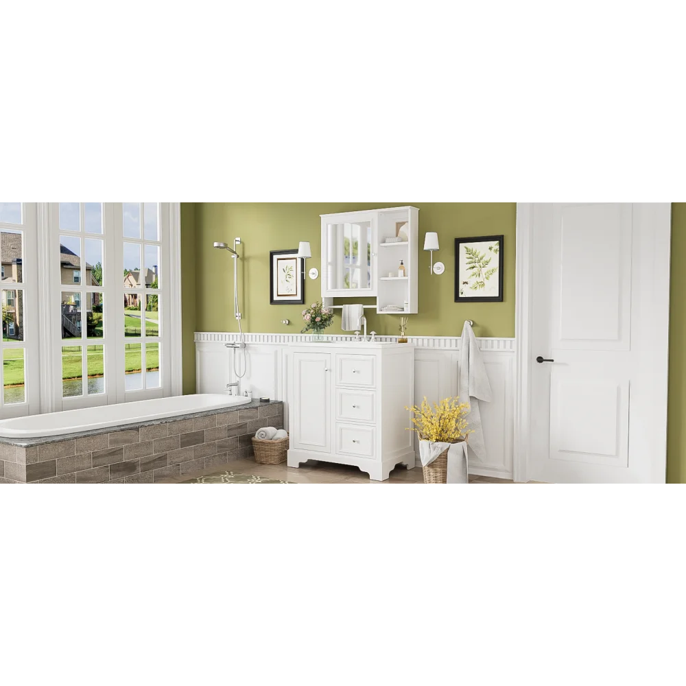 Modern Elegant Bathroom 30 Inch Vanity With Sink, Storage Cabinets, Drawers, and Adjustable Shelves