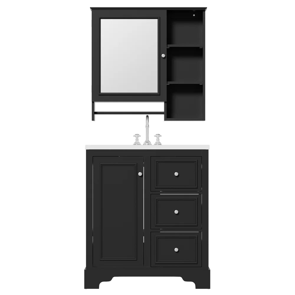 Modern Elegant Bathroom 30 Inch Vanity With Sink, Storage Cabinets, Drawers, and Adjustable Shelves