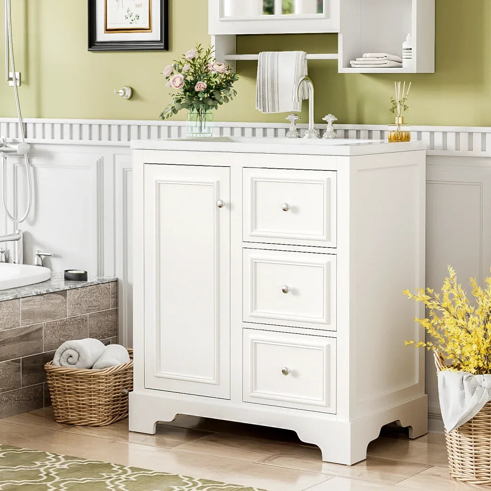 Modern Elegant Bathroom 30 Inch Vanity With Sink, Storage Cabinets, Drawers, and Adjustable Shelves