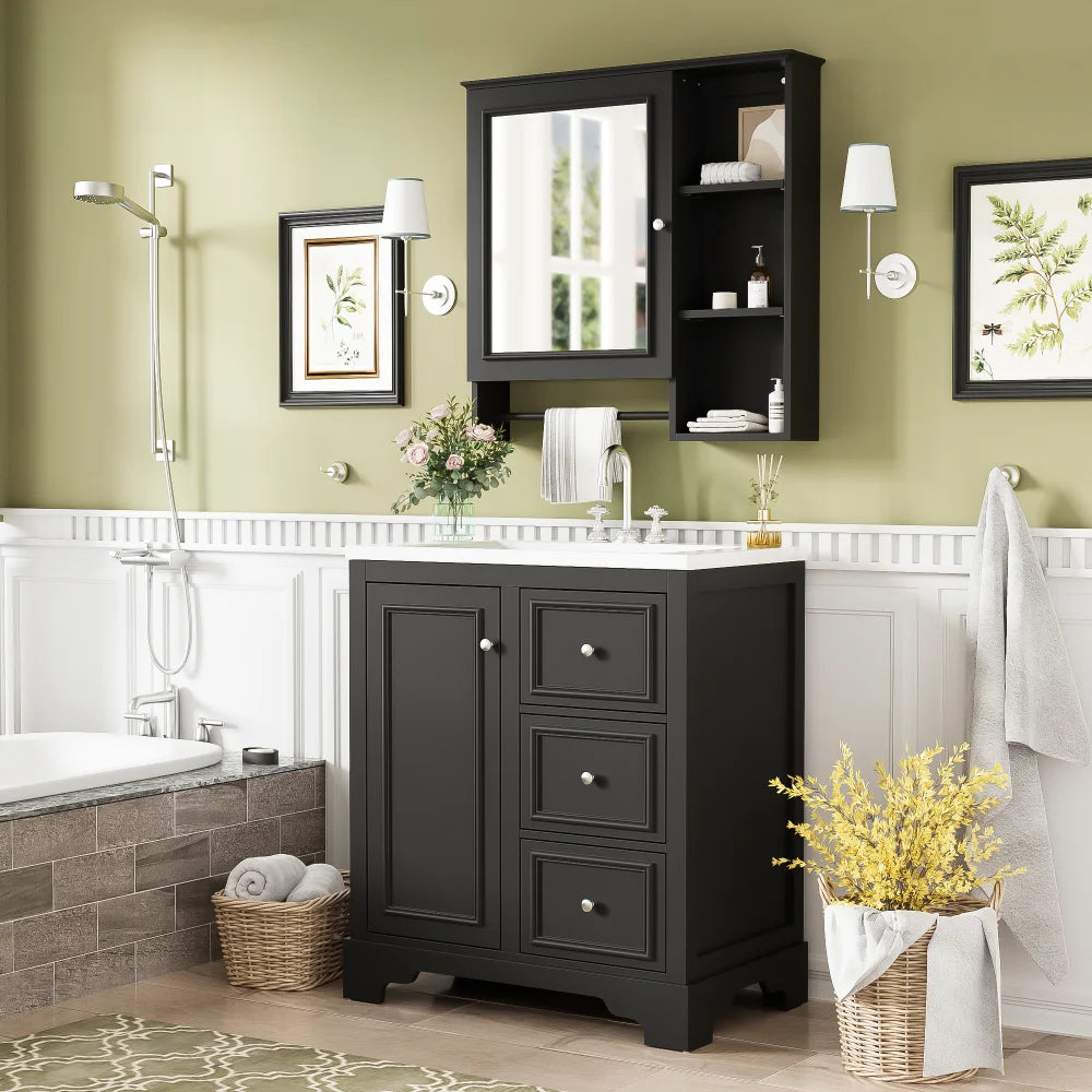 Modern Elegant Bathroom 30 Inch Vanity With Sink, Storage Cabinets, Drawers, and Adjustable Shelves