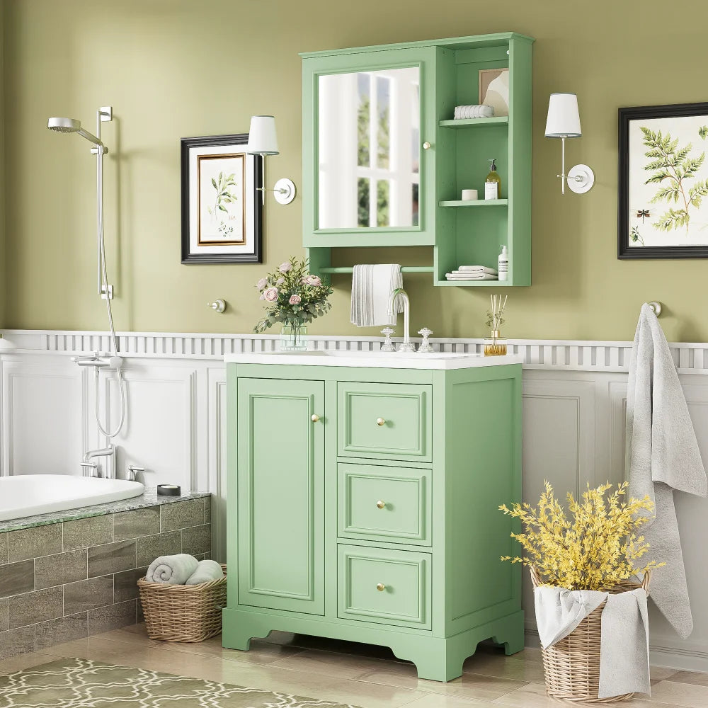 Modern Elegant Bathroom 30 Inch Vanity With Sink, Storage Cabinets, Drawers, and Adjustable Shelves