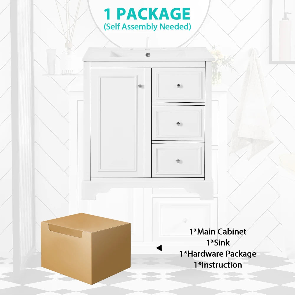 Modern Elegant Bathroom 30 Inch Vanity With Sink, Storage Cabinets, Drawers, and Adjustable Shelves