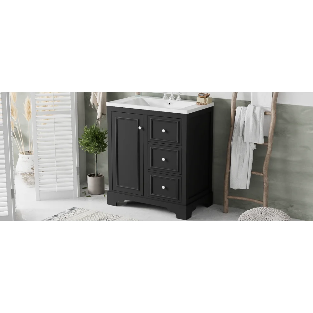 Modern Elegant Bathroom 30 Inch Vanity With Sink, Storage Cabinets, Drawers, and Adjustable Shelves