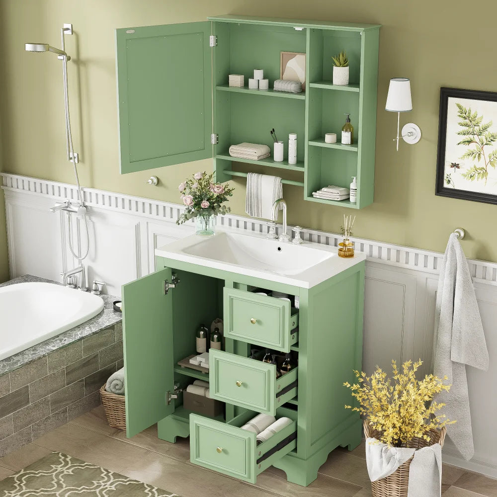 Modern Elegant Bathroom 30 Inch Vanity With Sink, Storage Cabinets, Drawers, and Adjustable Shelves