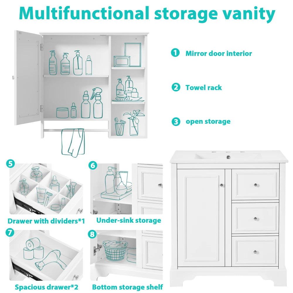 Modern Elegant Bathroom 30 Inch Vanity With Sink, Storage Cabinets, Drawers, and Adjustable Shelves