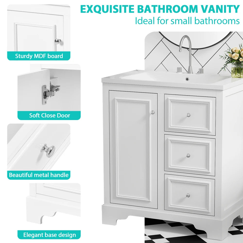 Modern Elegant Bathroom 30 Inch Vanity With Sink, Storage Cabinets, Drawers, and Adjustable Shelves