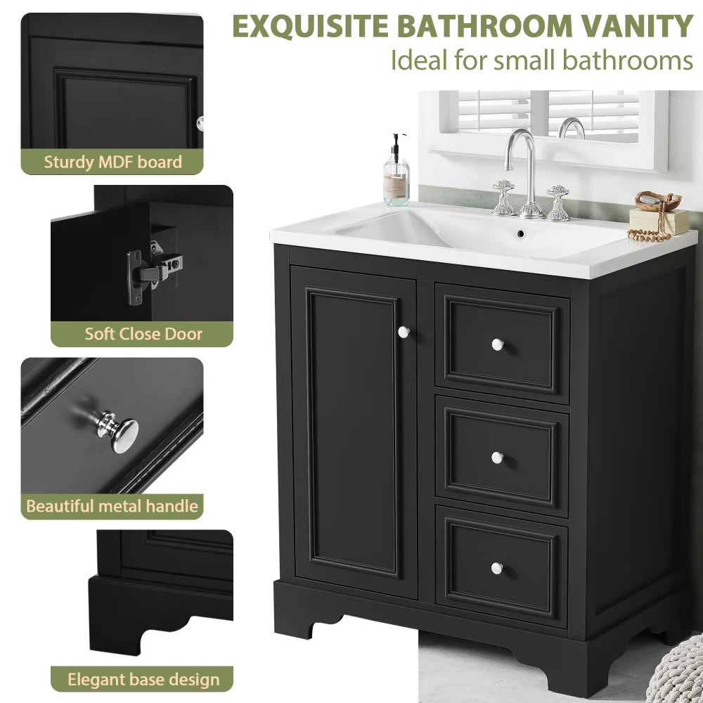 Modern Elegant Bathroom 30 Inch Vanity With Sink, Storage Cabinets, Drawers, and Adjustable Shelves