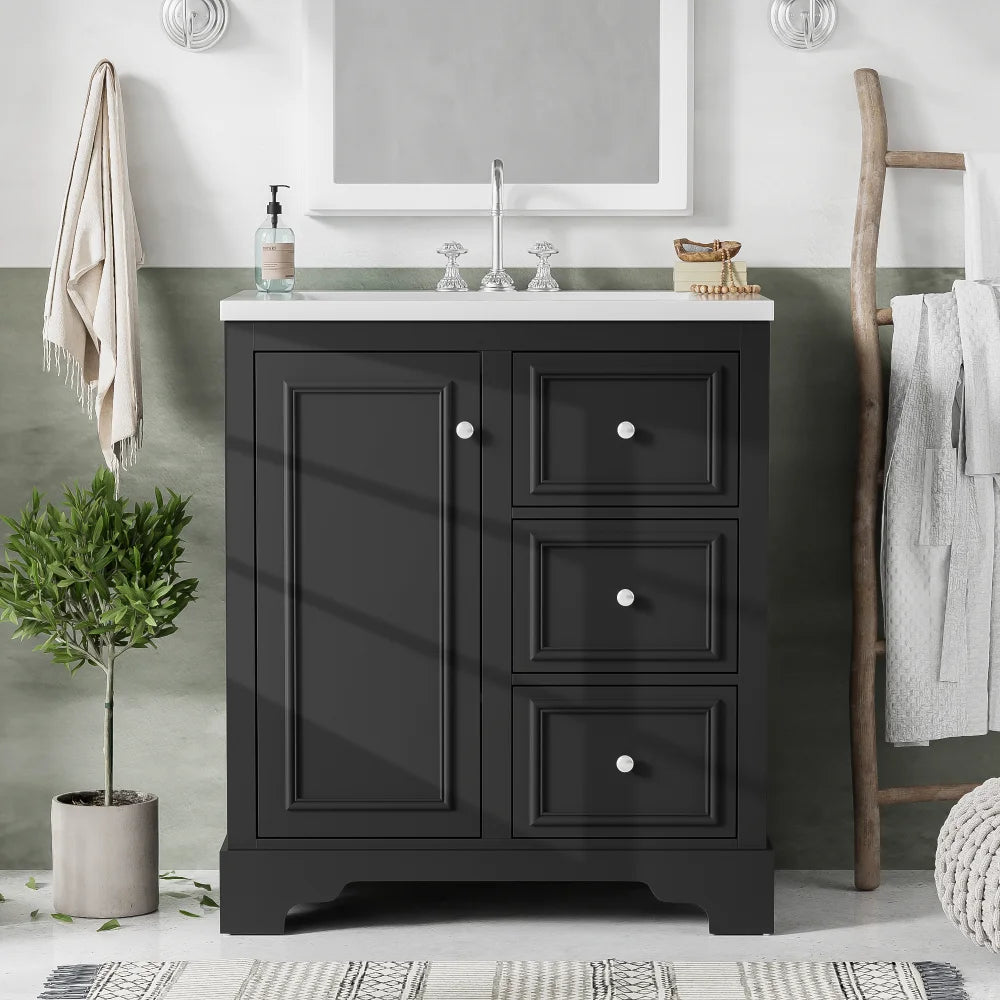 Modern Elegant Bathroom 30 Inch Vanity With Sink, Storage Cabinets, Drawers, and Adjustable Shelves